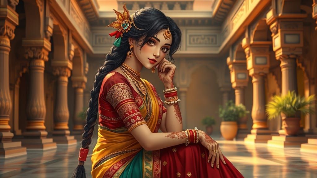 Anime Girl in Indian Attire in Ornate Temple Courtyard