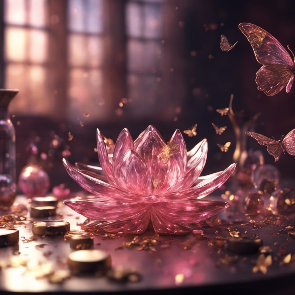 Shimmering Broken Glass Lotus with Golden Butterflies