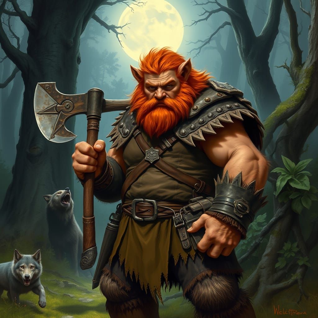 Sturdy Hobbit Warrior Stands Tall in Misty Forest