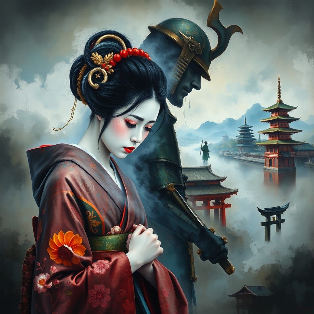 Mournful Geisha Visited by Samurai Ghost in Impasto Dreamsca...