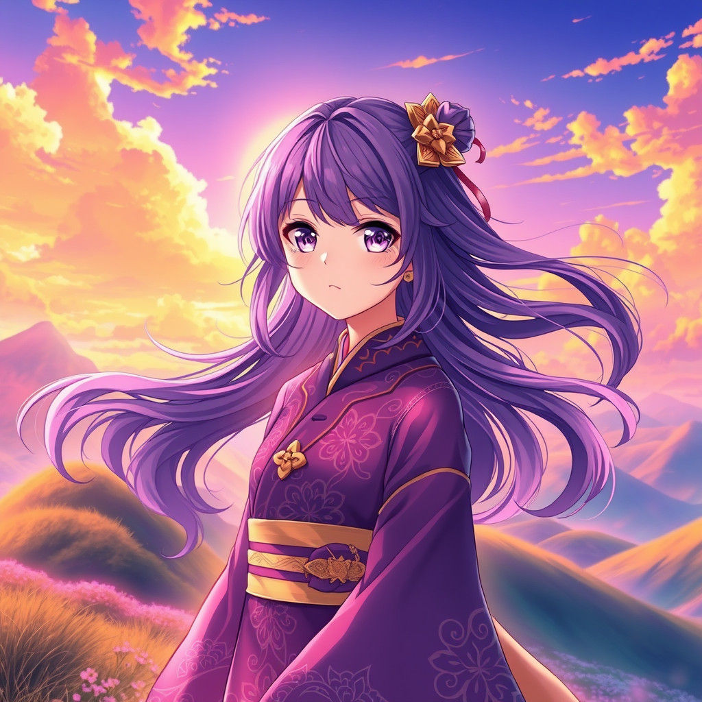Anime Girl in Purple Kimono with Dreamy Sky
