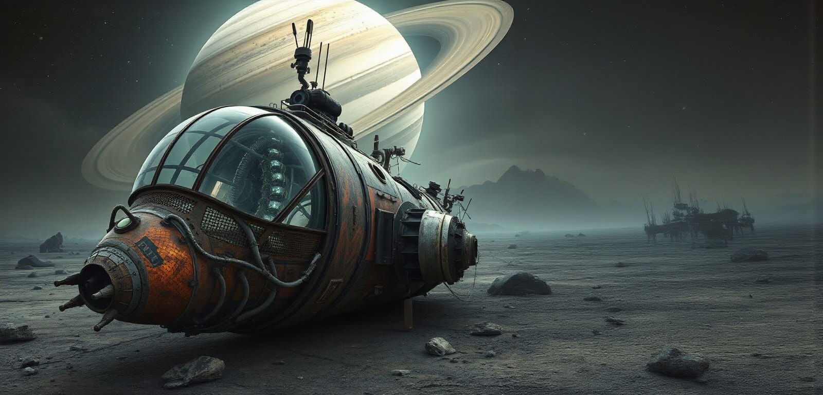 Cybertechpunk Spaceship Wreckage in Desolate Dystopian Lands...