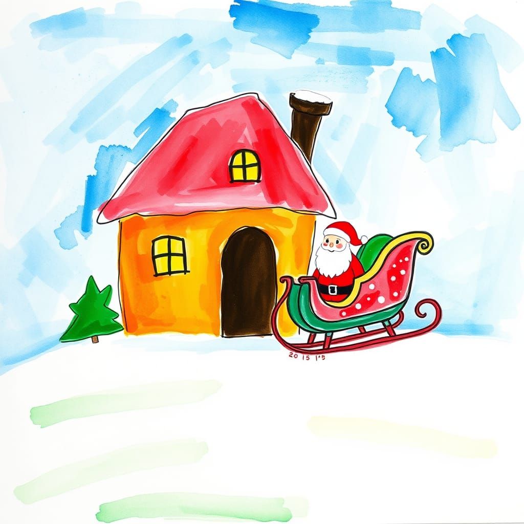Santa's House: A Naive Colorful Water Painting