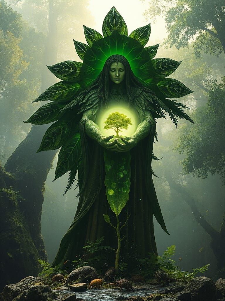 Colossal Mother Earth Guardian in Primeval Forest