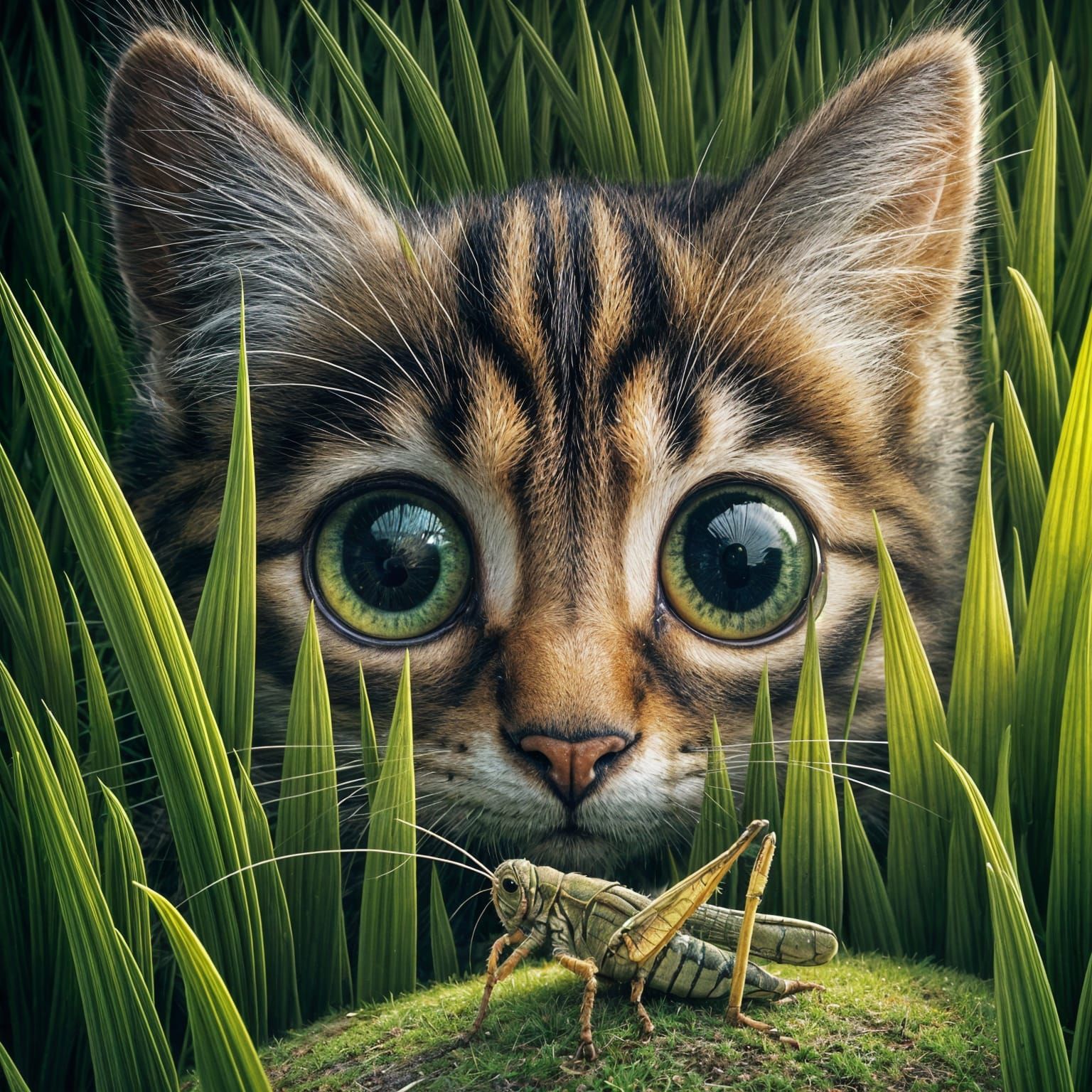 Tabby Kitten Lurks Grasshopper in Macro Focus