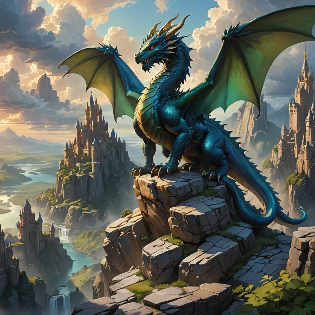 Dragon Protector Overlooking Fantasy Kingdom in Anime Style