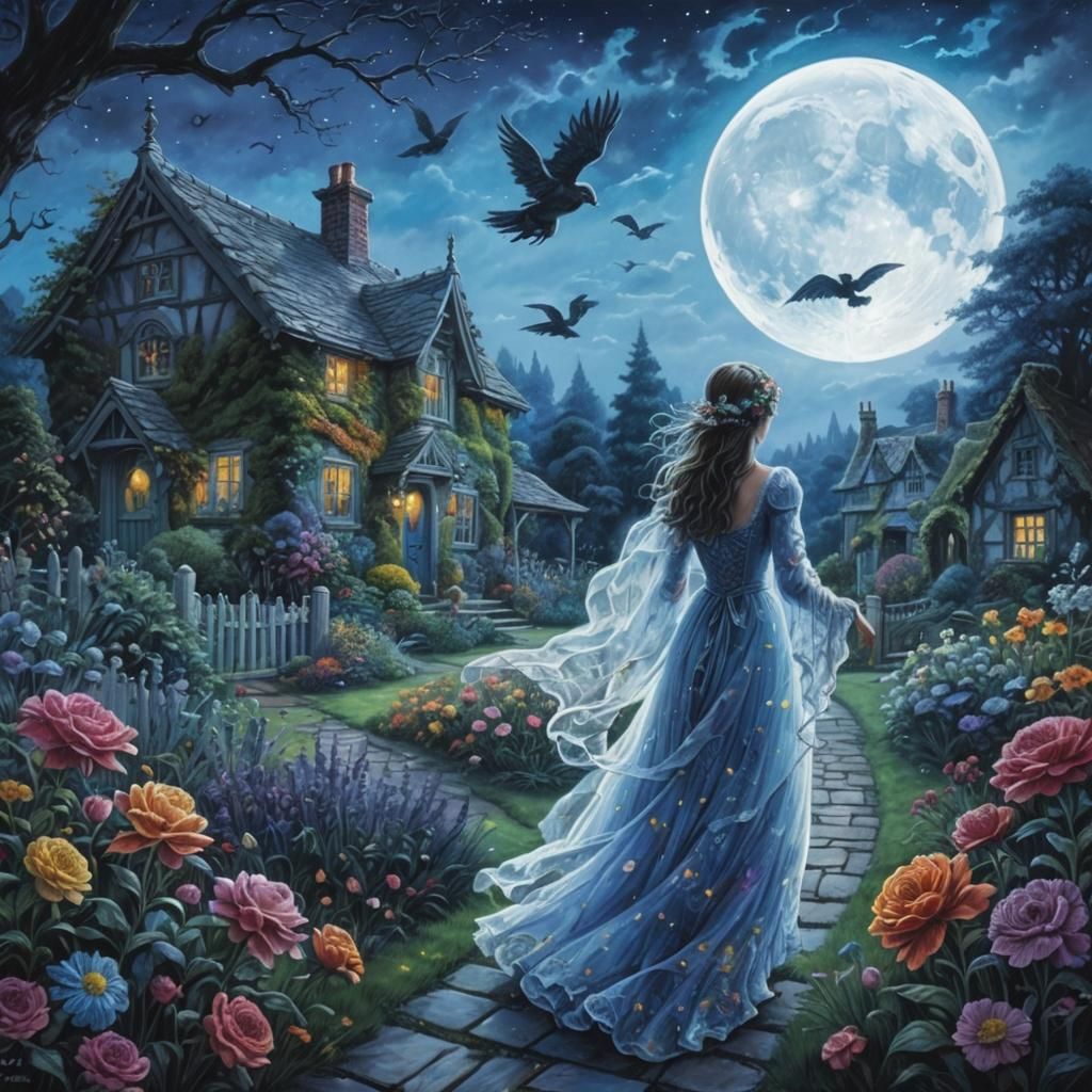 Ghostly Woman Walks Through a Nighttime English Garden Under...