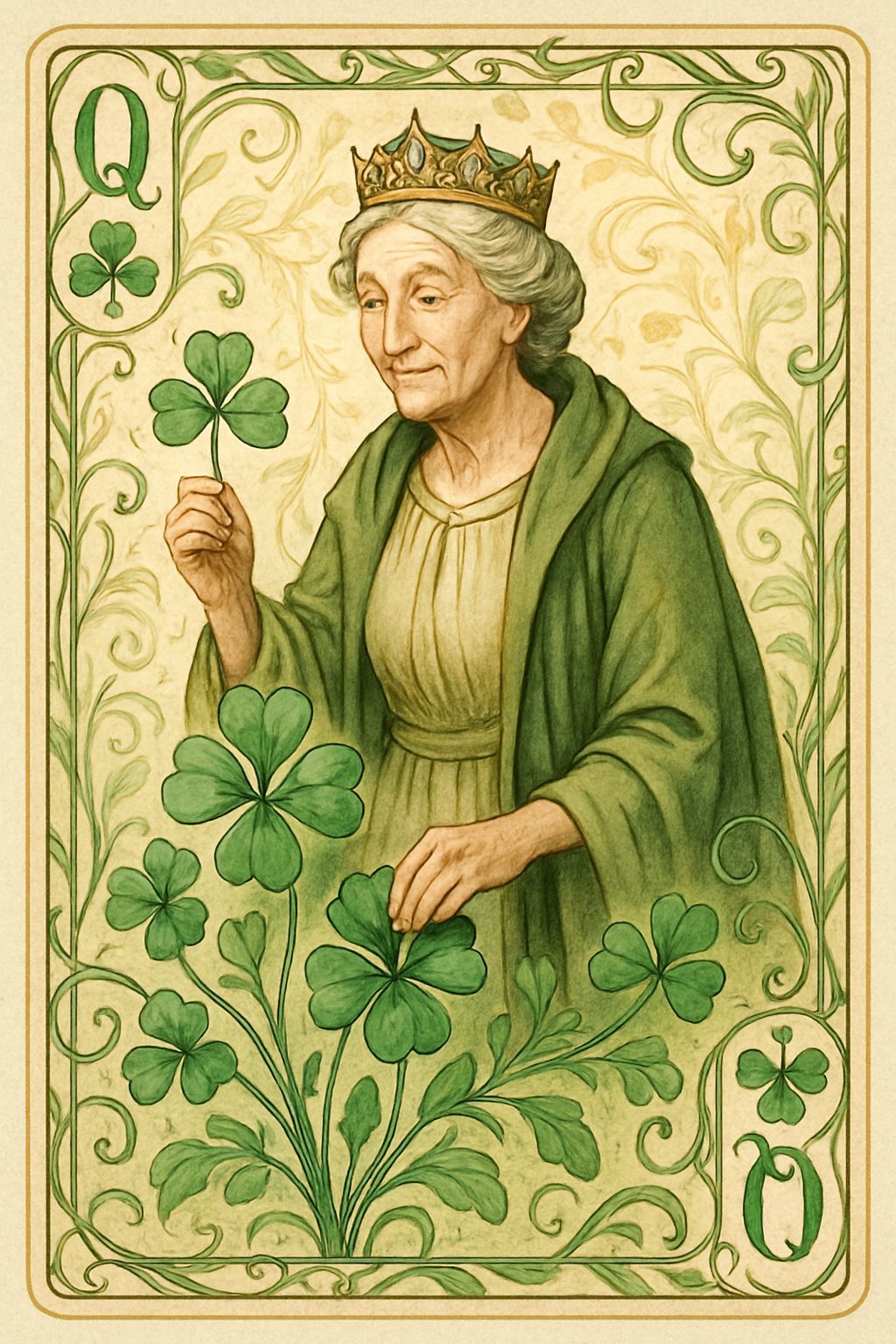 Art Nouveau Queen of Clubs Botanical Card