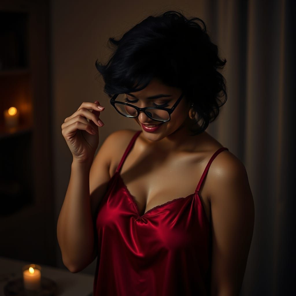 Indian Woman in Red Nightgown, Candlelight Portrait