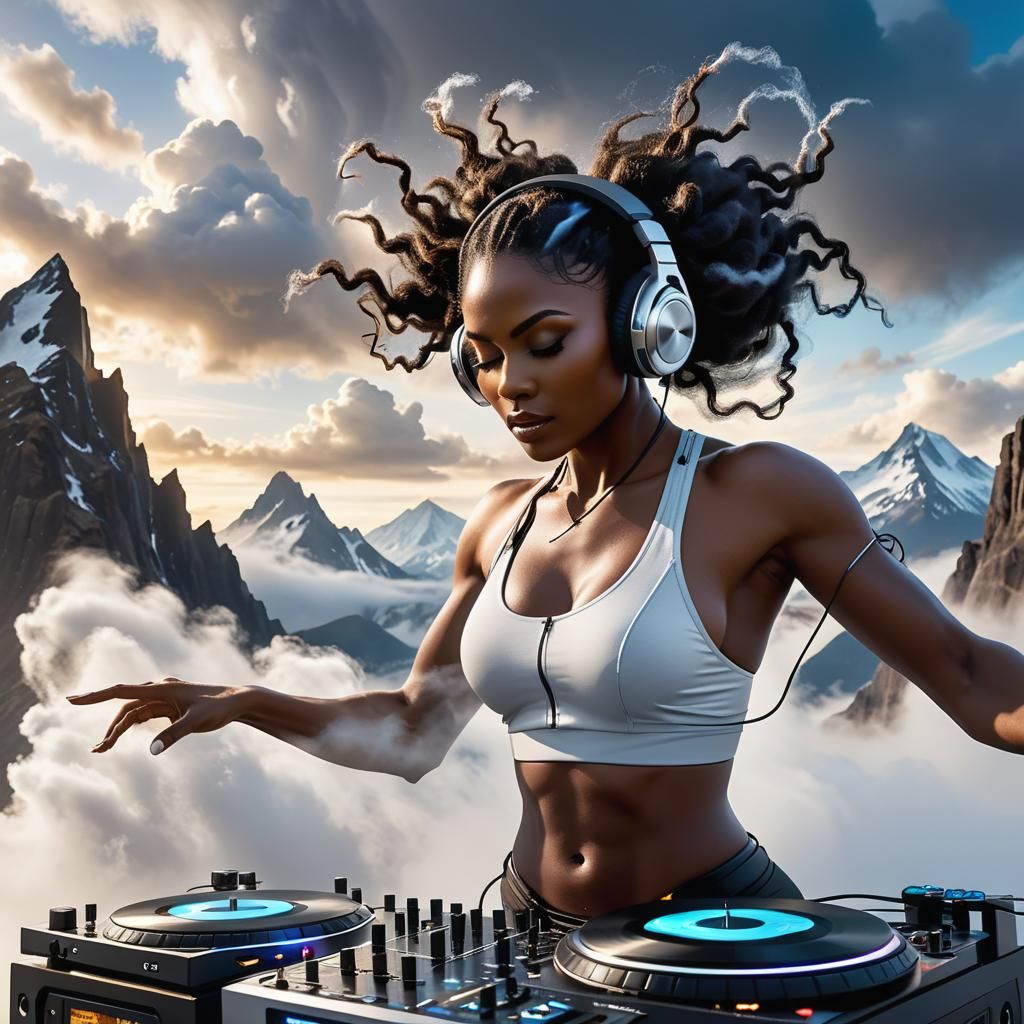 DJ Woman on Mountain Peak in Hyperrealistic Style