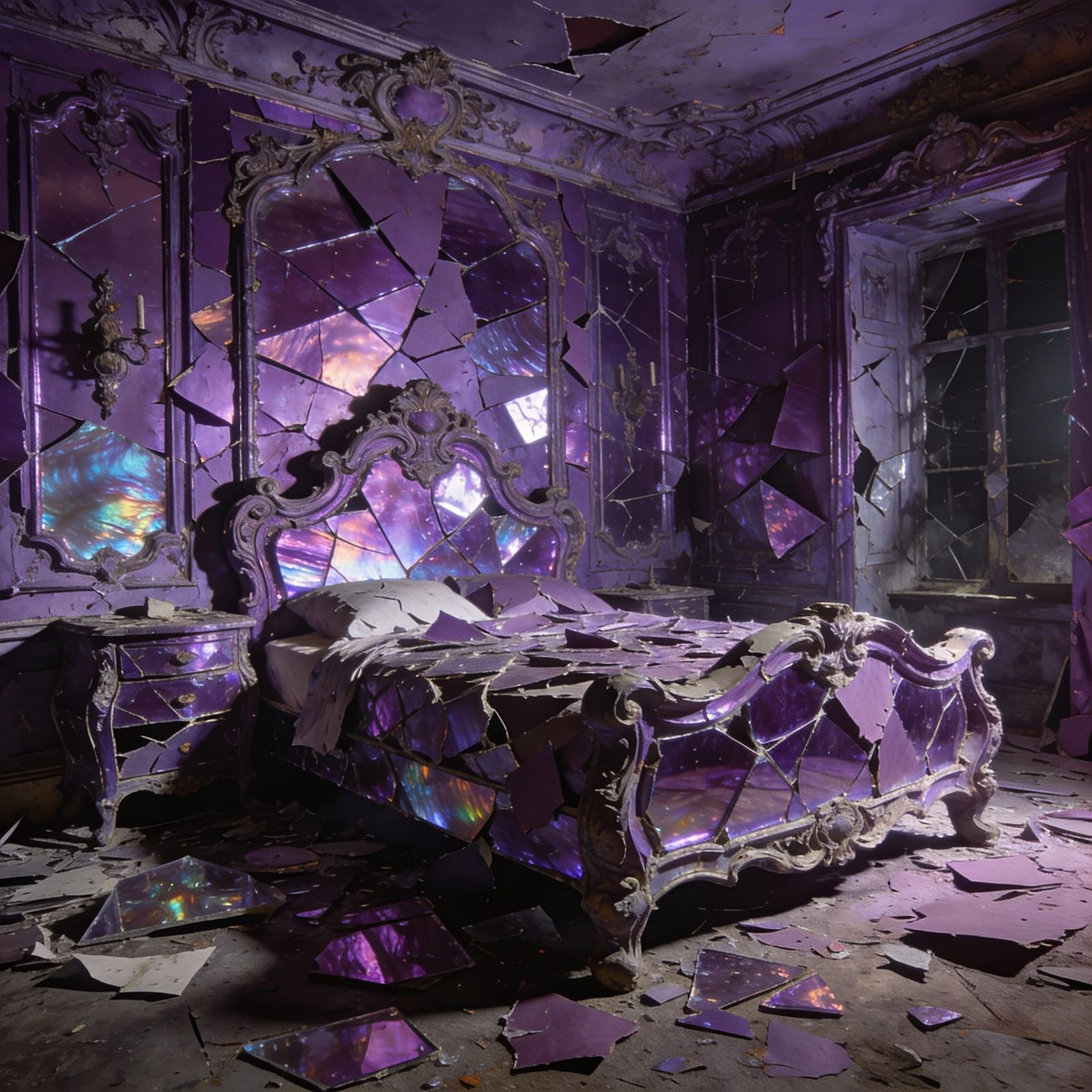 Baroque Bedroom of Shattered Purple Glass