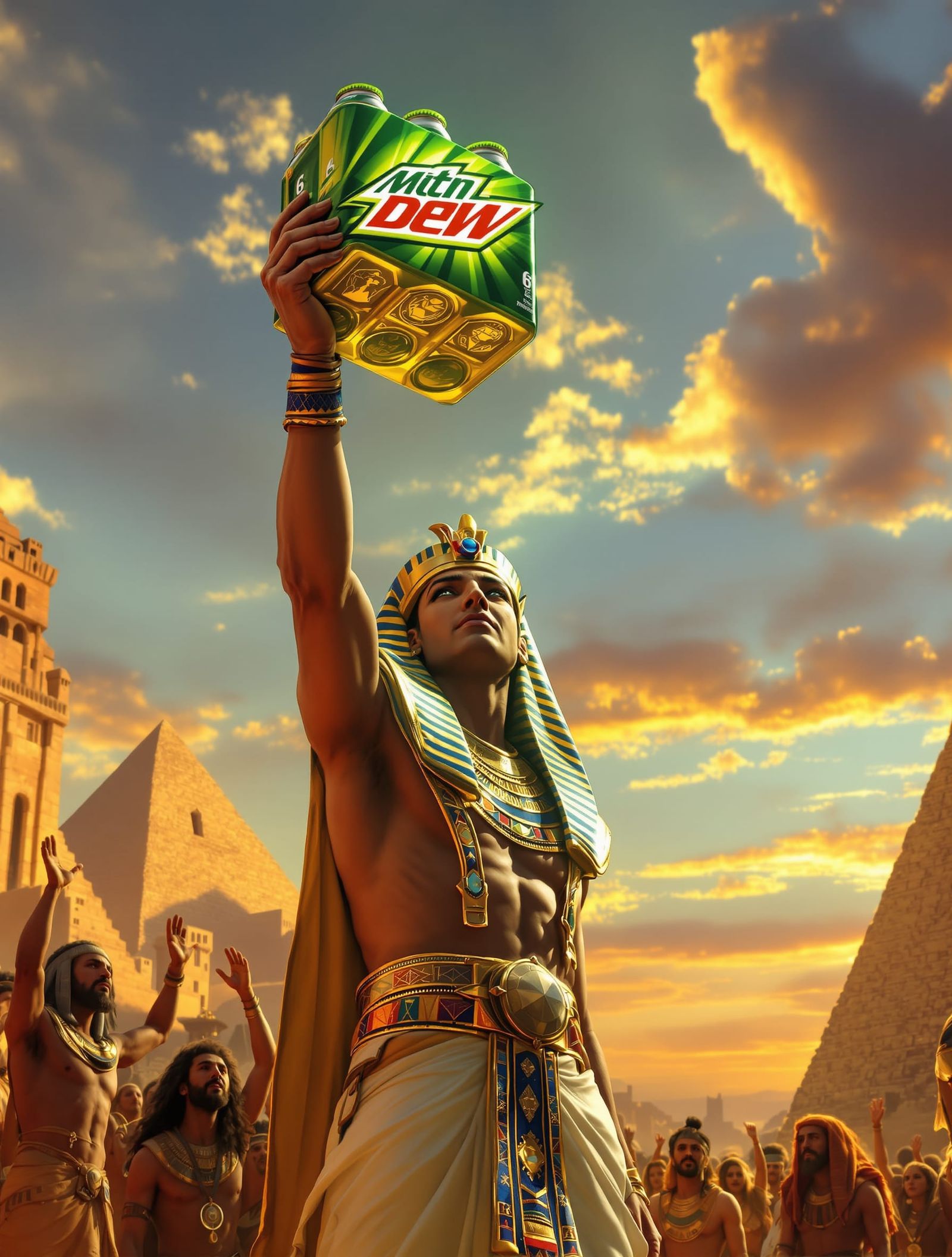 Egyptian Pharaoh Holds Mountain Dew at Sunset