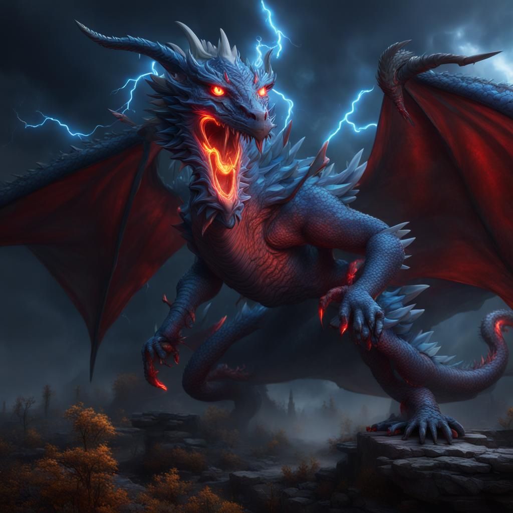 Blue Dragon Breaths Lightning in Detailed Matte Painting