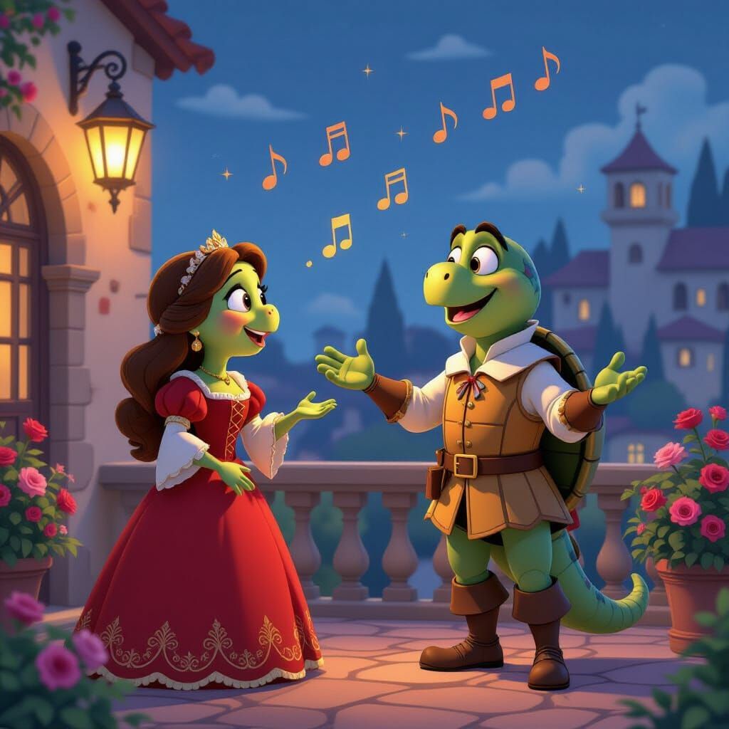 Turtle Romeo Sings to Juliet in Pixar Style