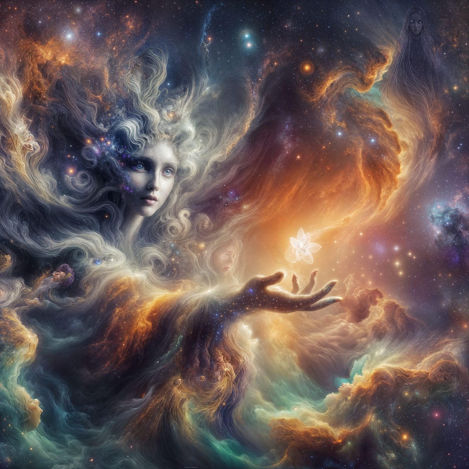 Ethereal Nebula Goddess Offering a Flower