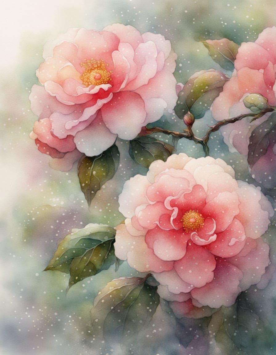 Ethereal Macro Camellias in Soft Watercolor Style