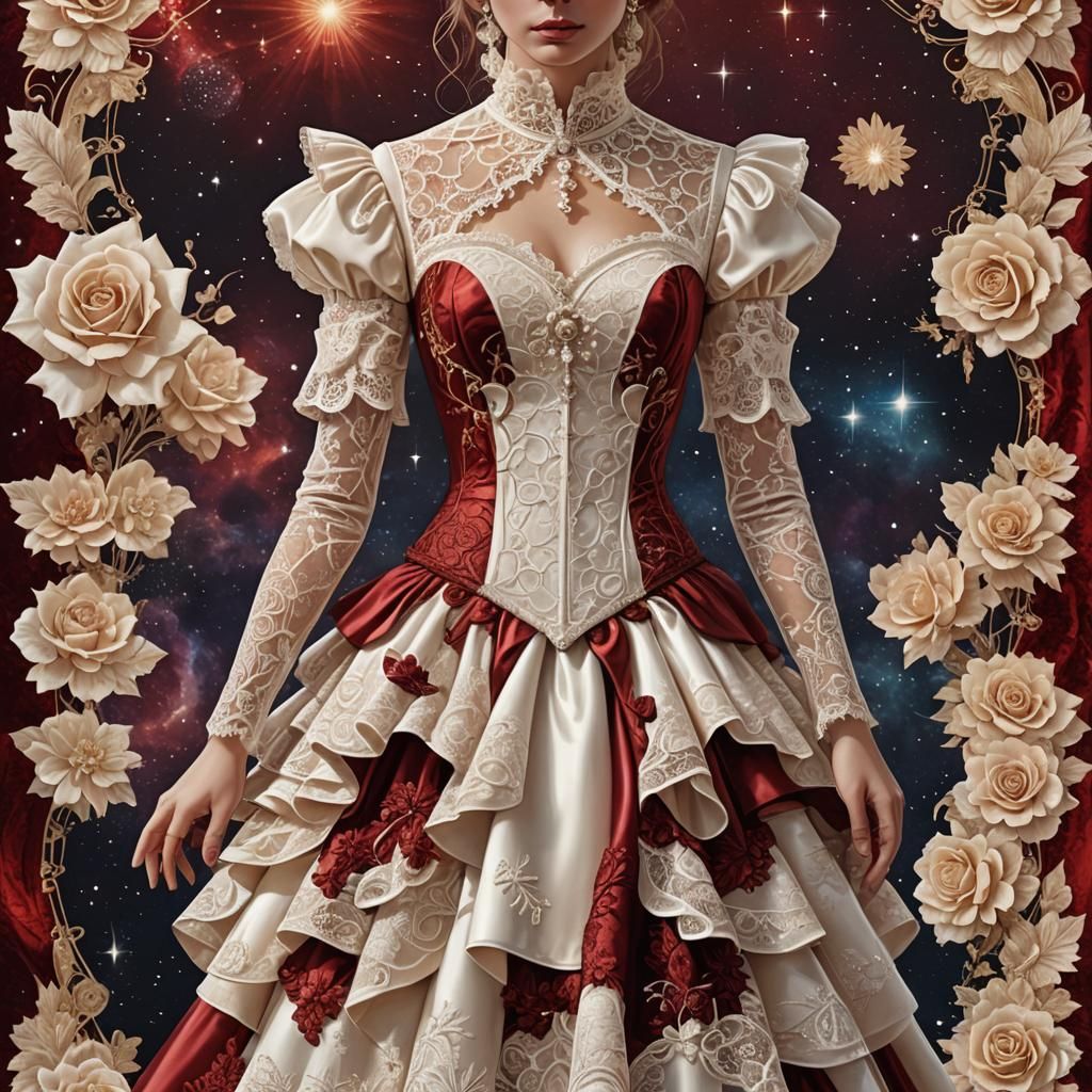 Elegant Cream Lace Wedding Dress, Cosmic Illustration