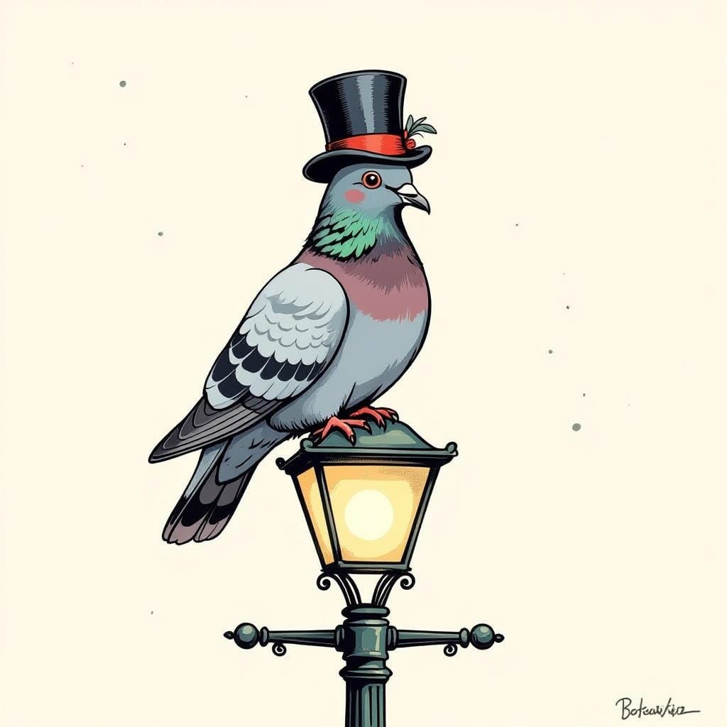 Whimsical Pigeon in Top Hat on Vintage Streetlamp