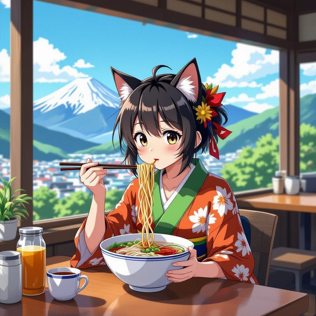 Bengal Cat Slurping Ramen: Manga Scan Style