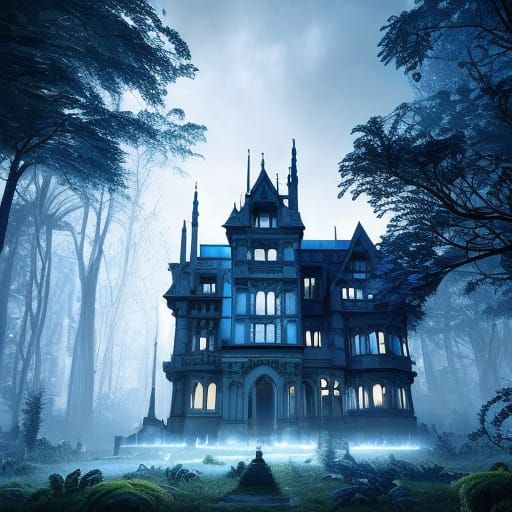 Gothic Mansion with Glowing Windows in Dark Forest