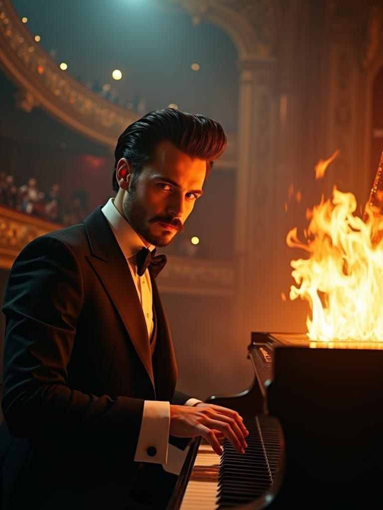 Erogic Steampunk Hunk Plays Fiery Piano on Opera Stage