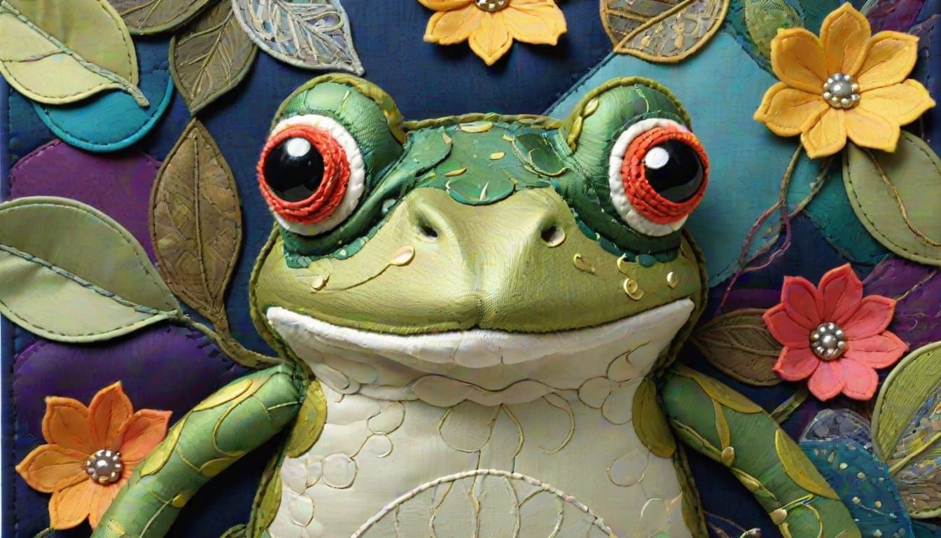 Vibrant Fabric Portrait of a Frog in Intricate Mixed Media