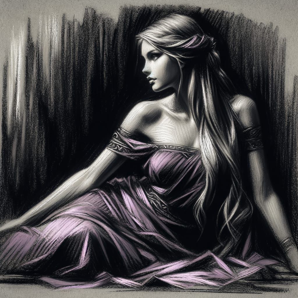 Norse Goddess in Dichromatic Charcoal Sketch