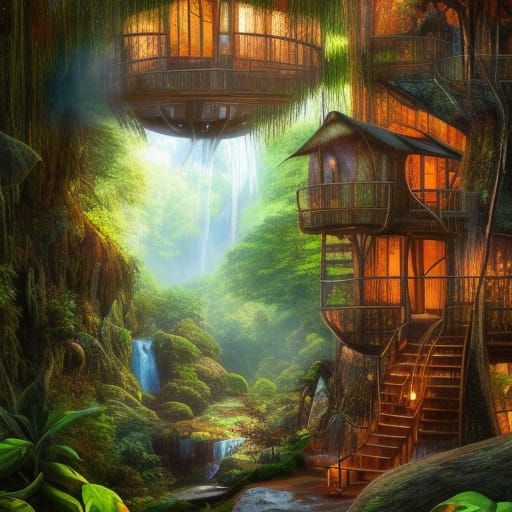 Cozy Treehouse Library with Sapphire Waterfall View