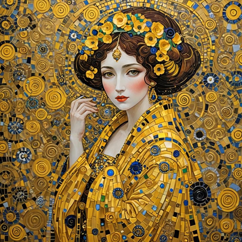 Yellow Lady in Klimt Style Mosaic