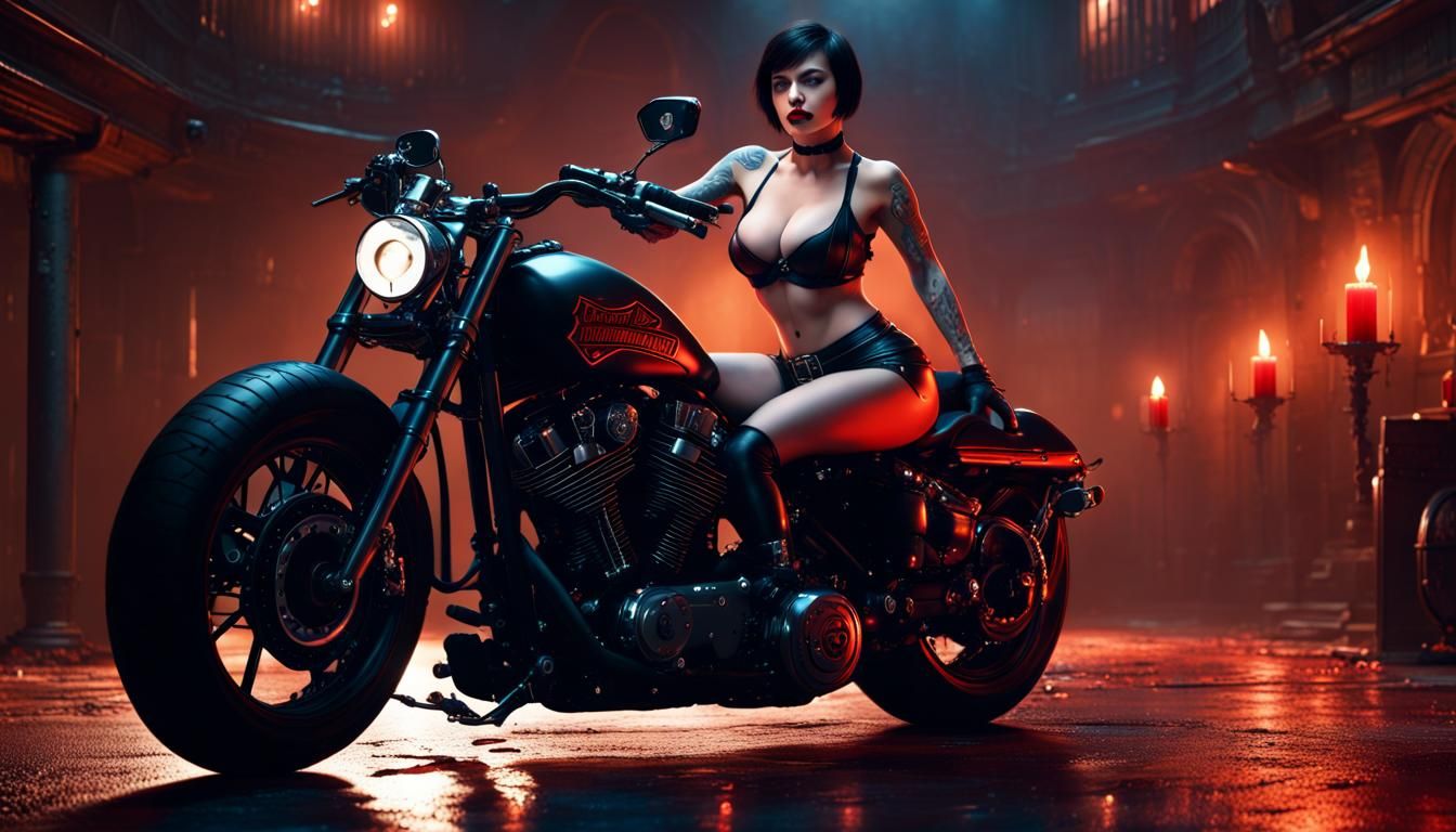 Brunette with Harley Davidson in Dark Fantasy Style
