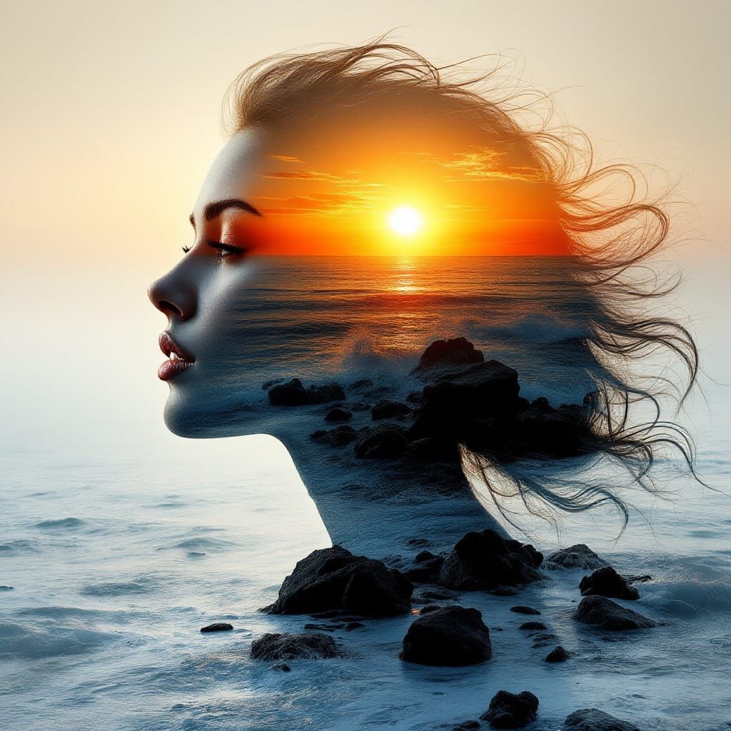 Surreal Sunset Goddess Blending with Ocean Waves in Vibrant ...