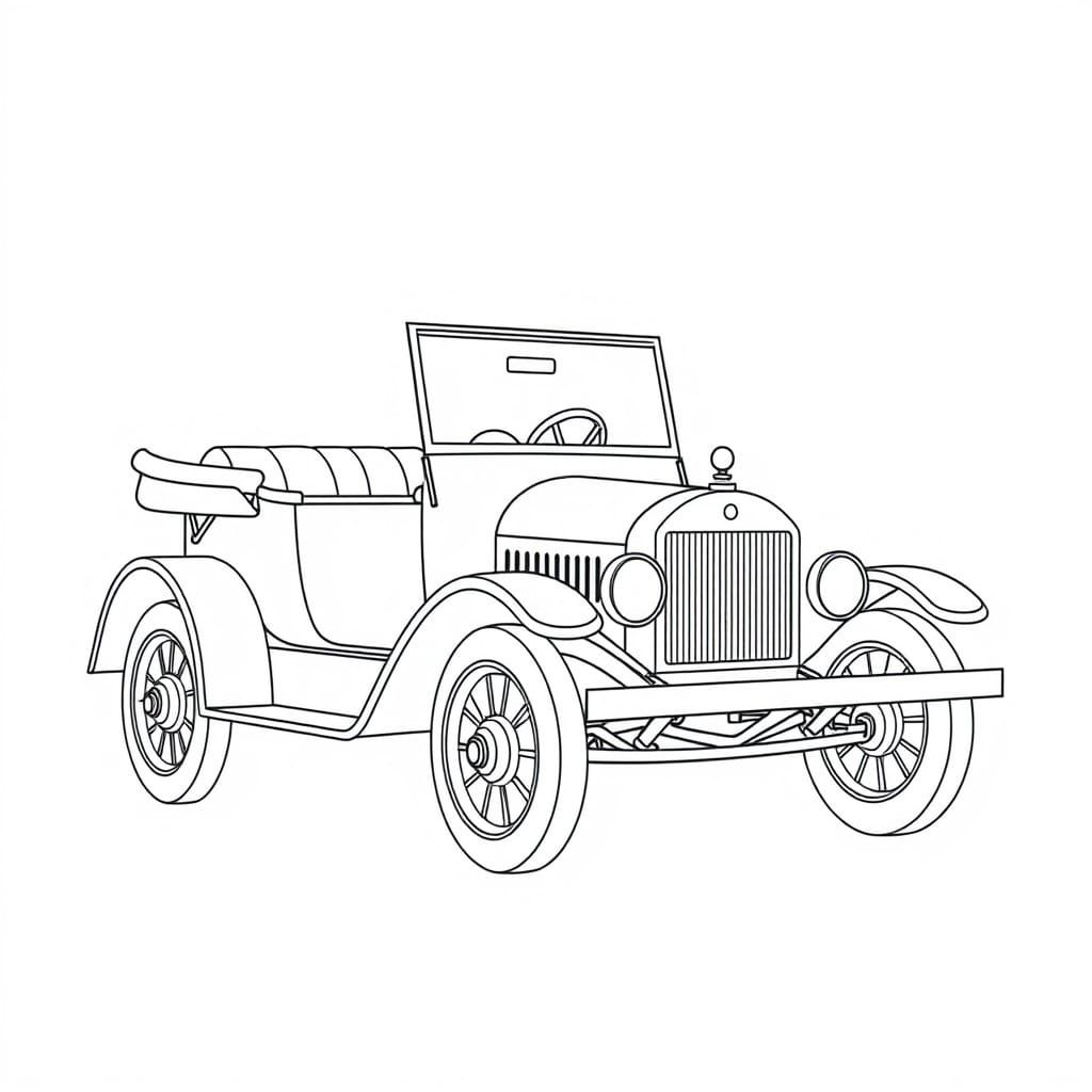 Vintage Model T Ford in Simple Line Drawing Style