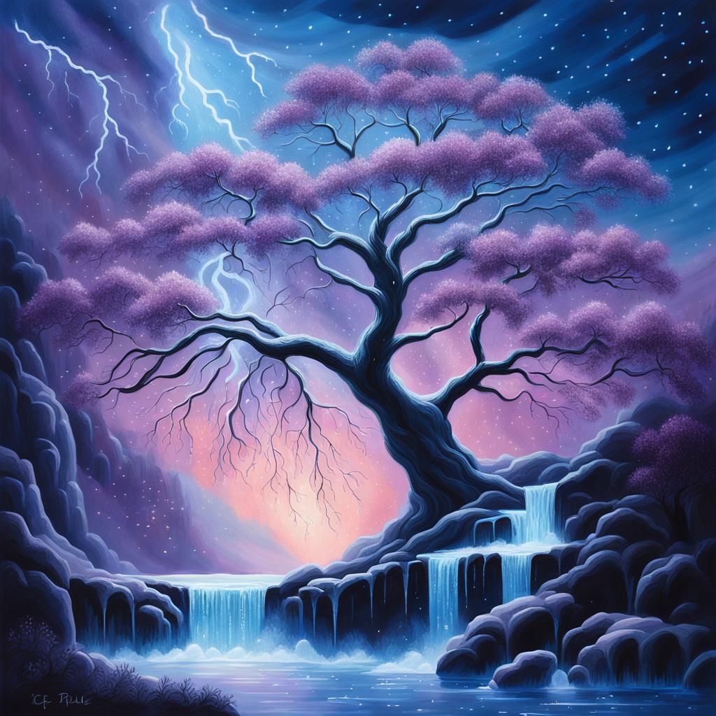 lightning, tree, waterfall, ice, frozen, midnight, fireflies...