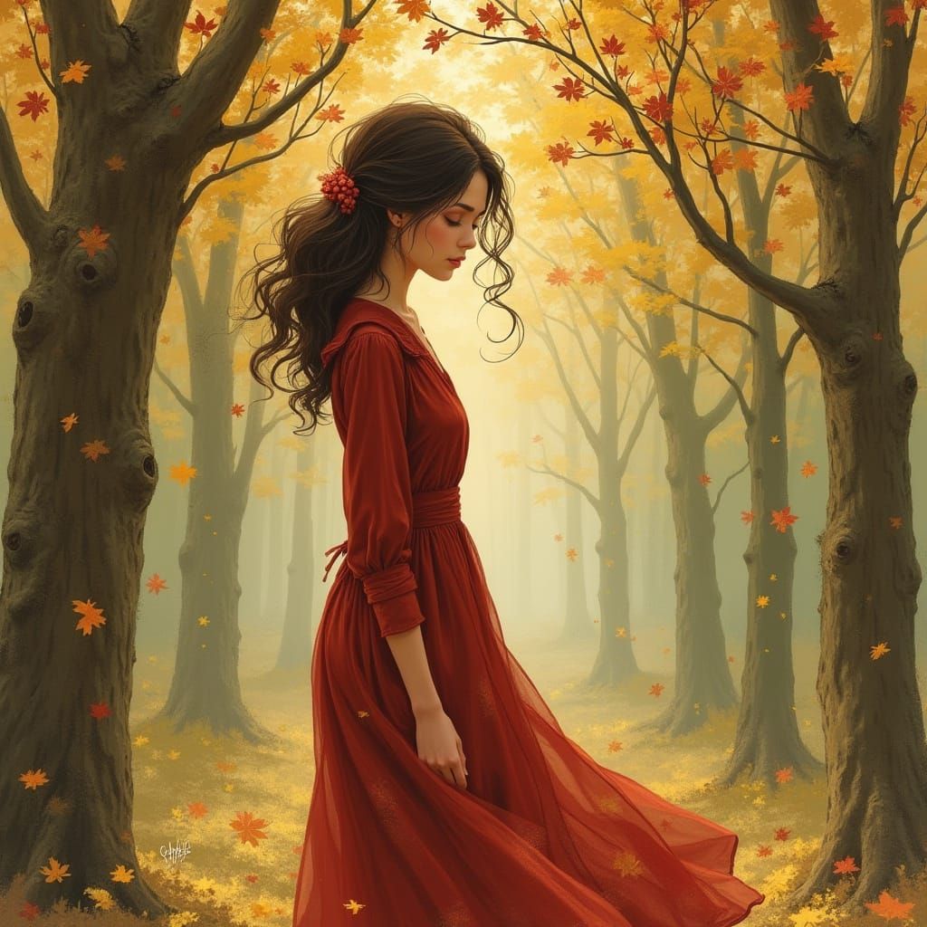 Elegant Woman in Autumn Forest, Watercolor Style