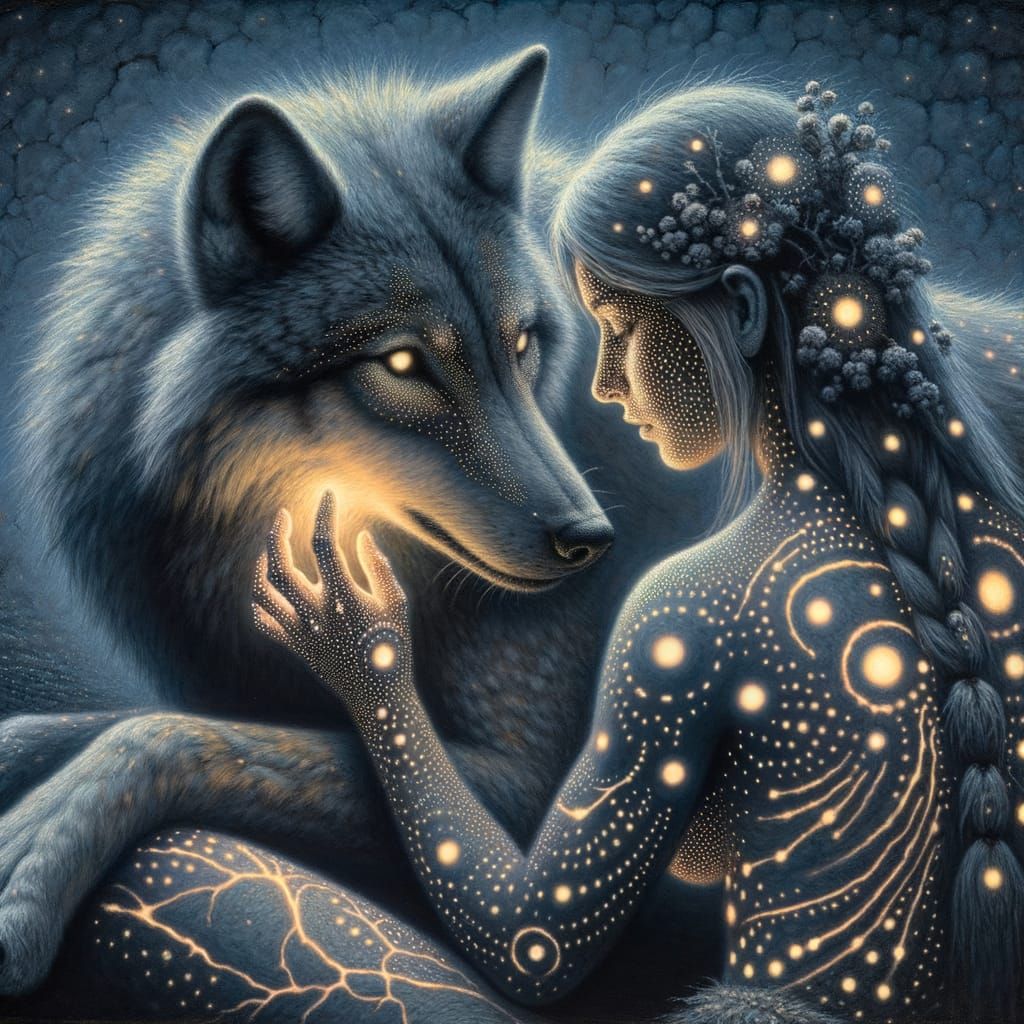 Elder Futhark Wolf Goddess in Sfumato Bioluminescent Style