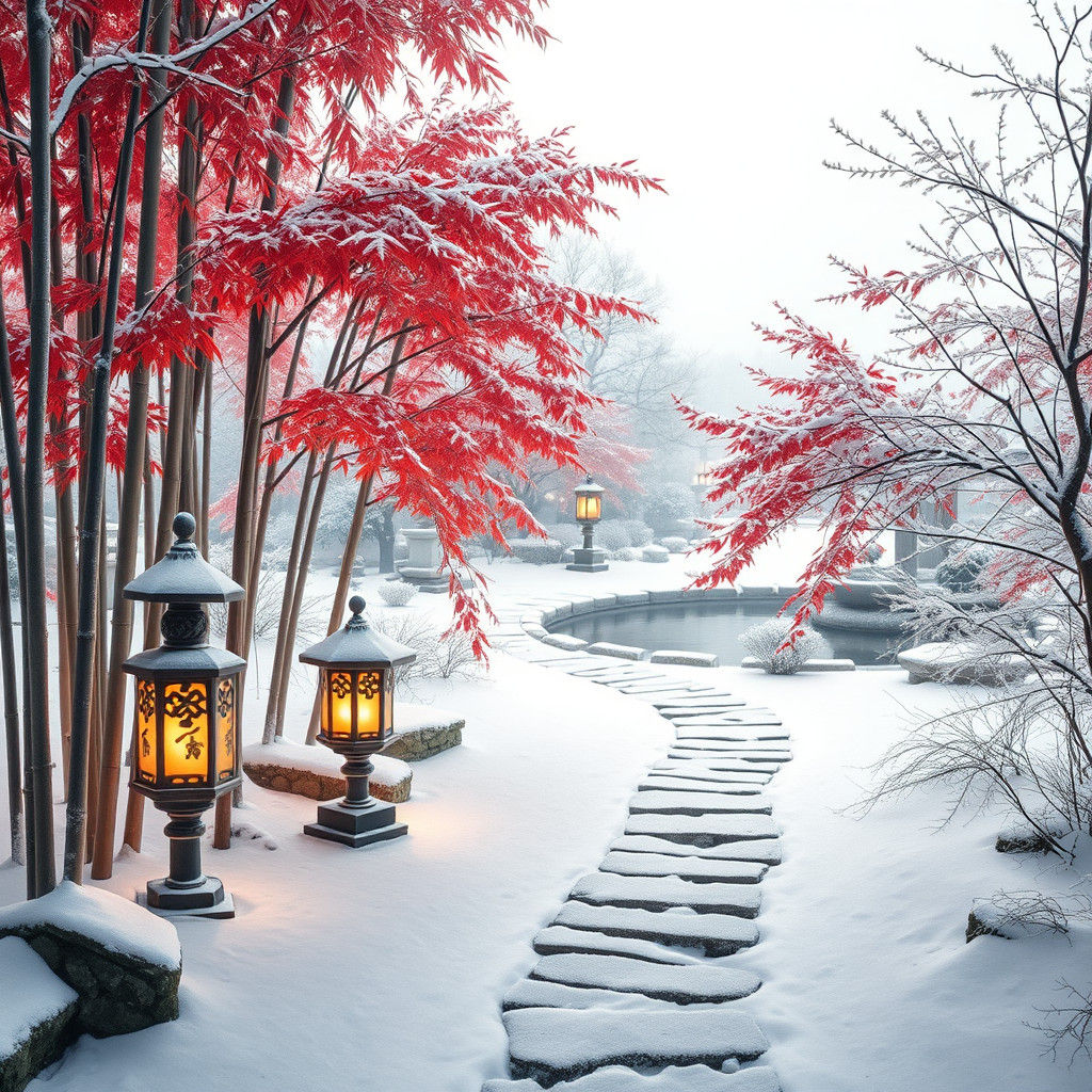 Snowy Chinese Garden in Ukiyo-e Style