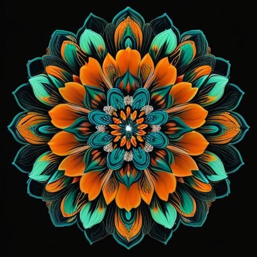 Psychedelic Mandala Flower on Black Background in 8K