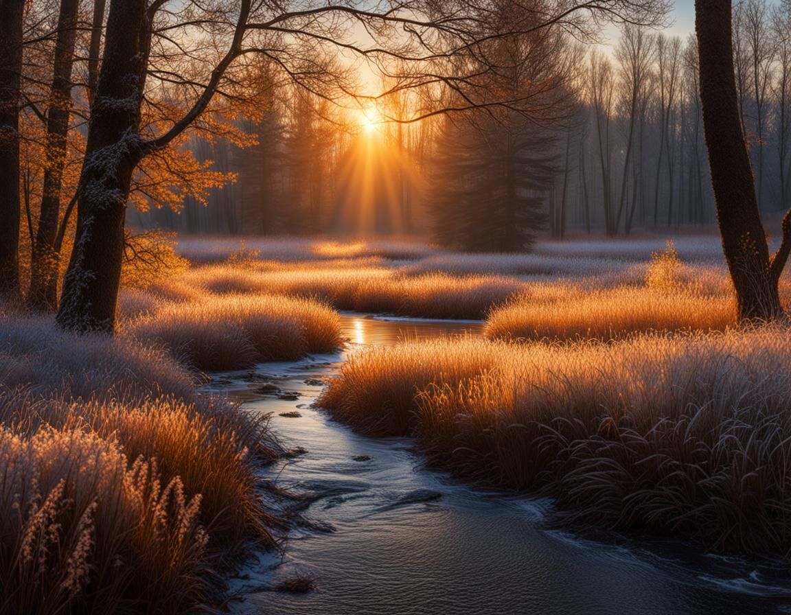 Autumn Sunrise in Frosty Forest Clearing