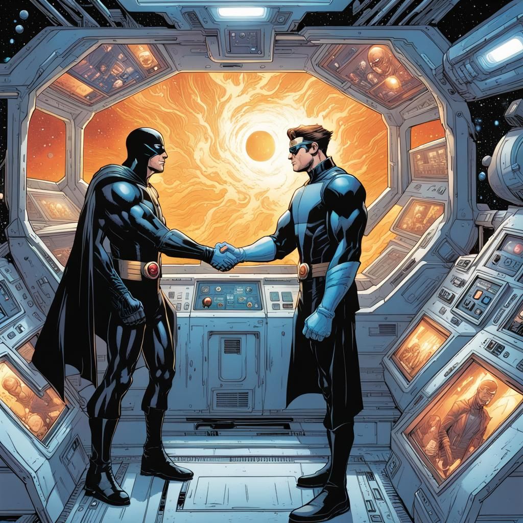 Cyclops and Black Bolt Shake Hands in Spaceship