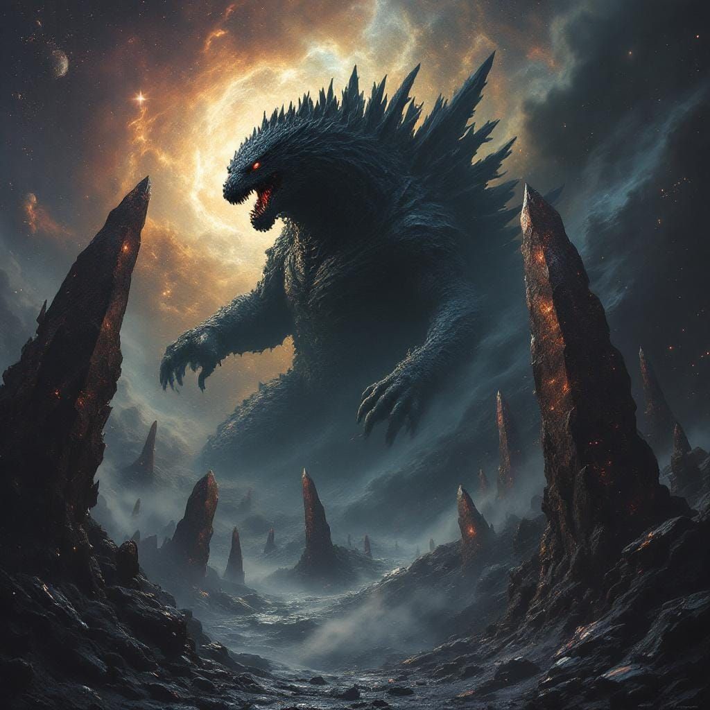 Space Godzilla Emerges from Nebula with Evil Crystals