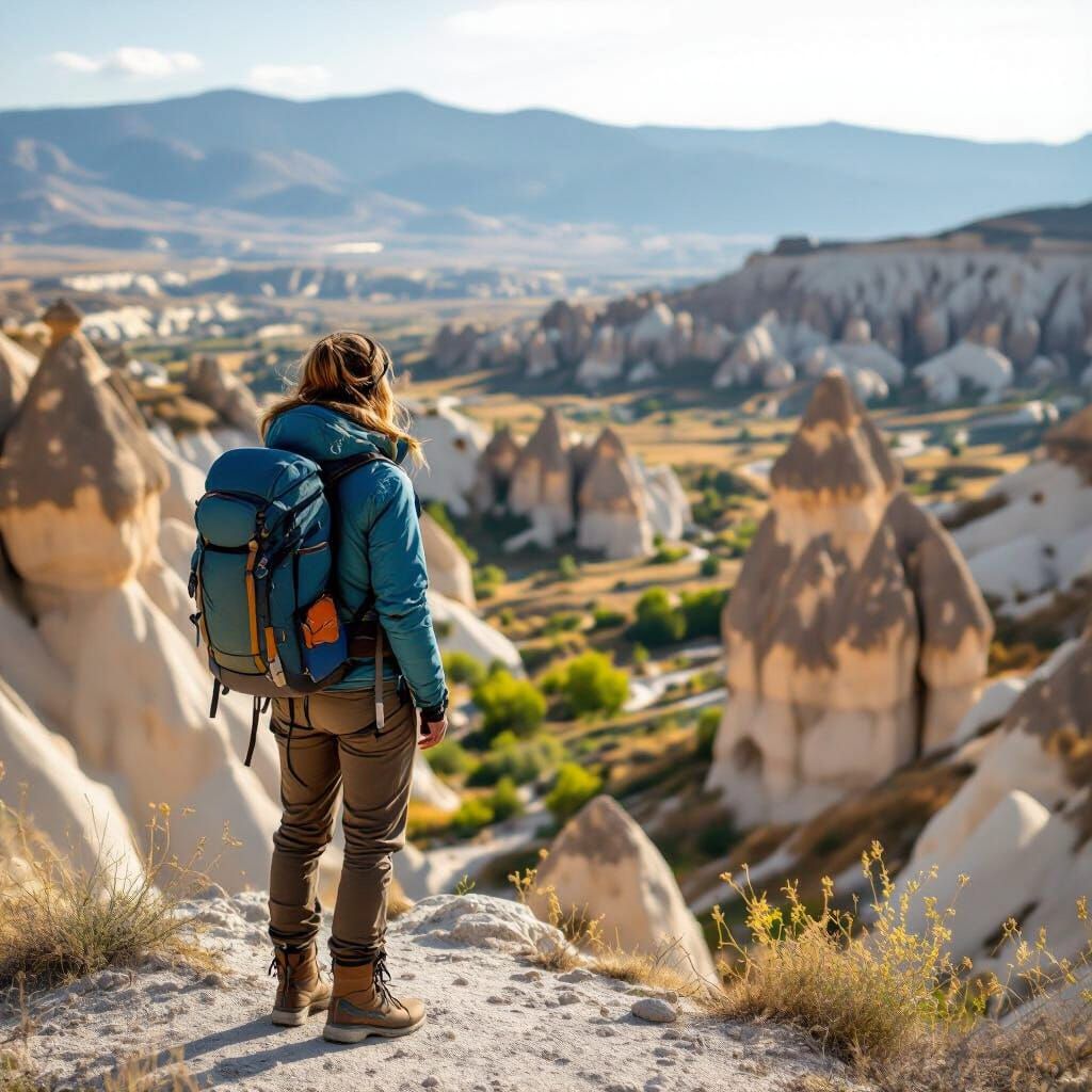 Cappadocia Hiker Views Fairy Chimneys: Ansel Adams Style