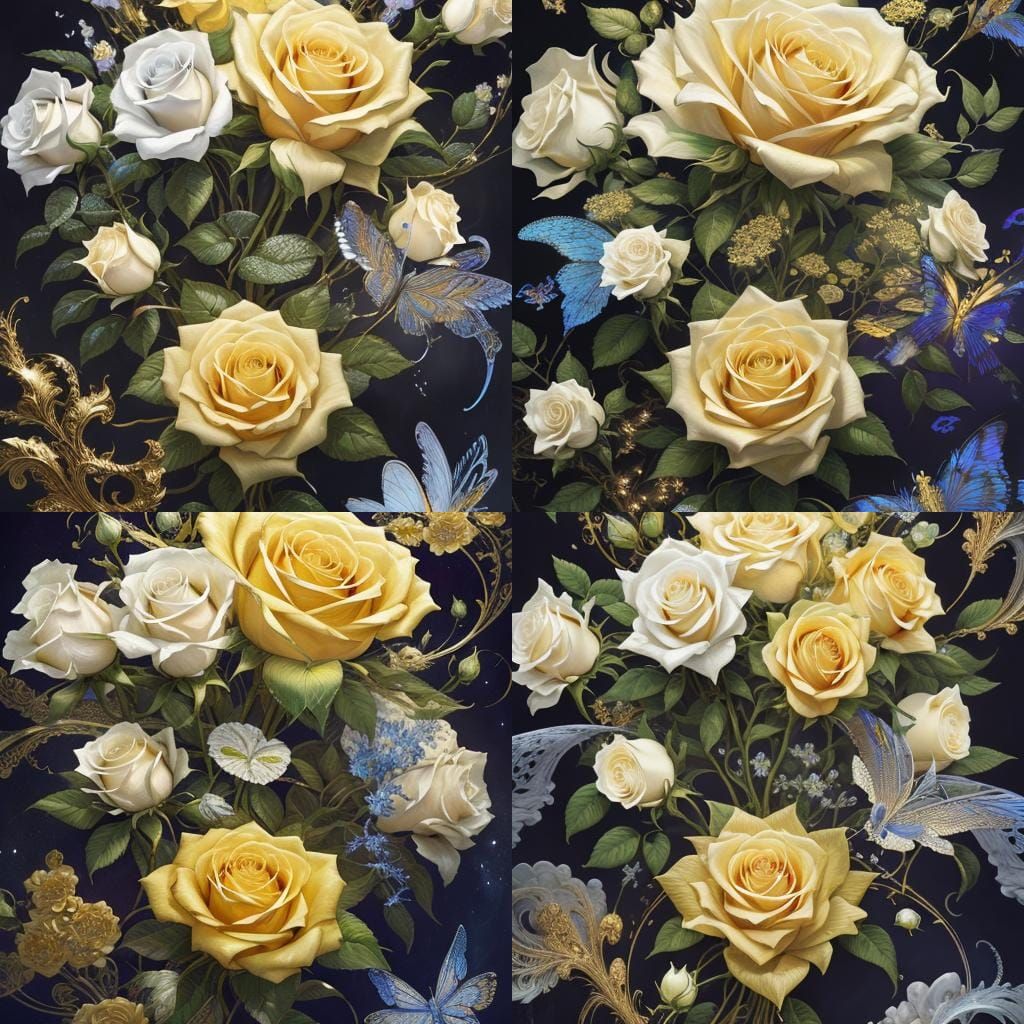 Detailed Painting of White and Yellow Roses