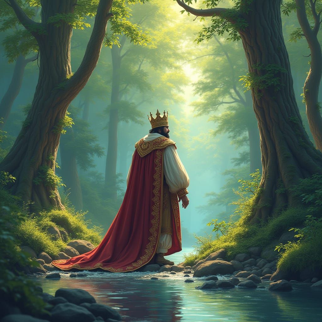 King in Forest: Whimsical Mystical Riverbank Scene