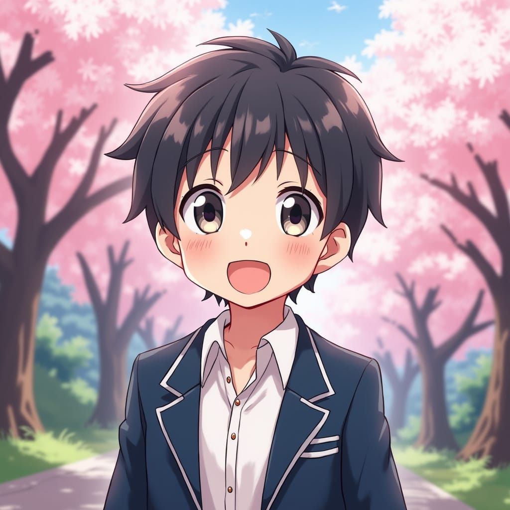 Anime Boy in Japanese Garden with Cherry Blossoms