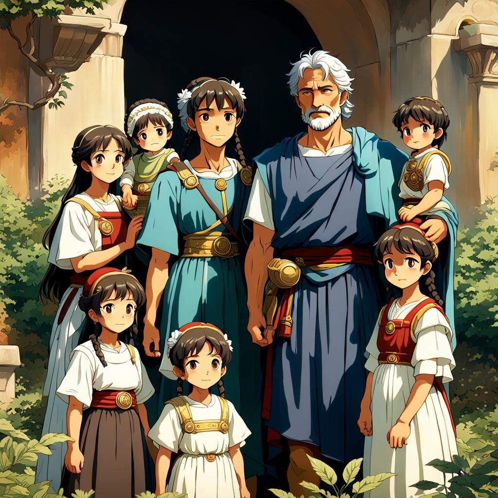 Vibrant Roman Family Scene in Anime Style