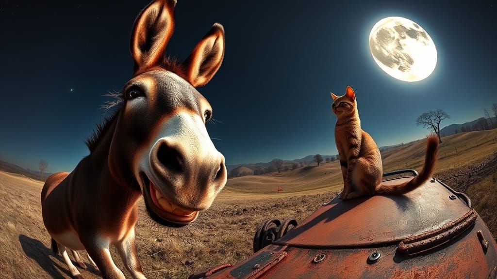 Donkey and Cat Under a Giant Moon in Alcohol Ink Style