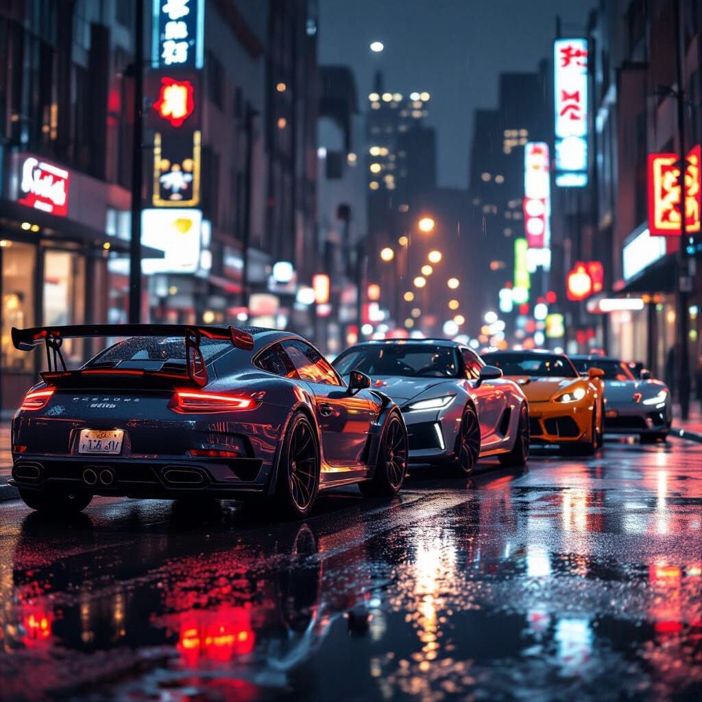 Moody Nighttime City Street with Four Cars