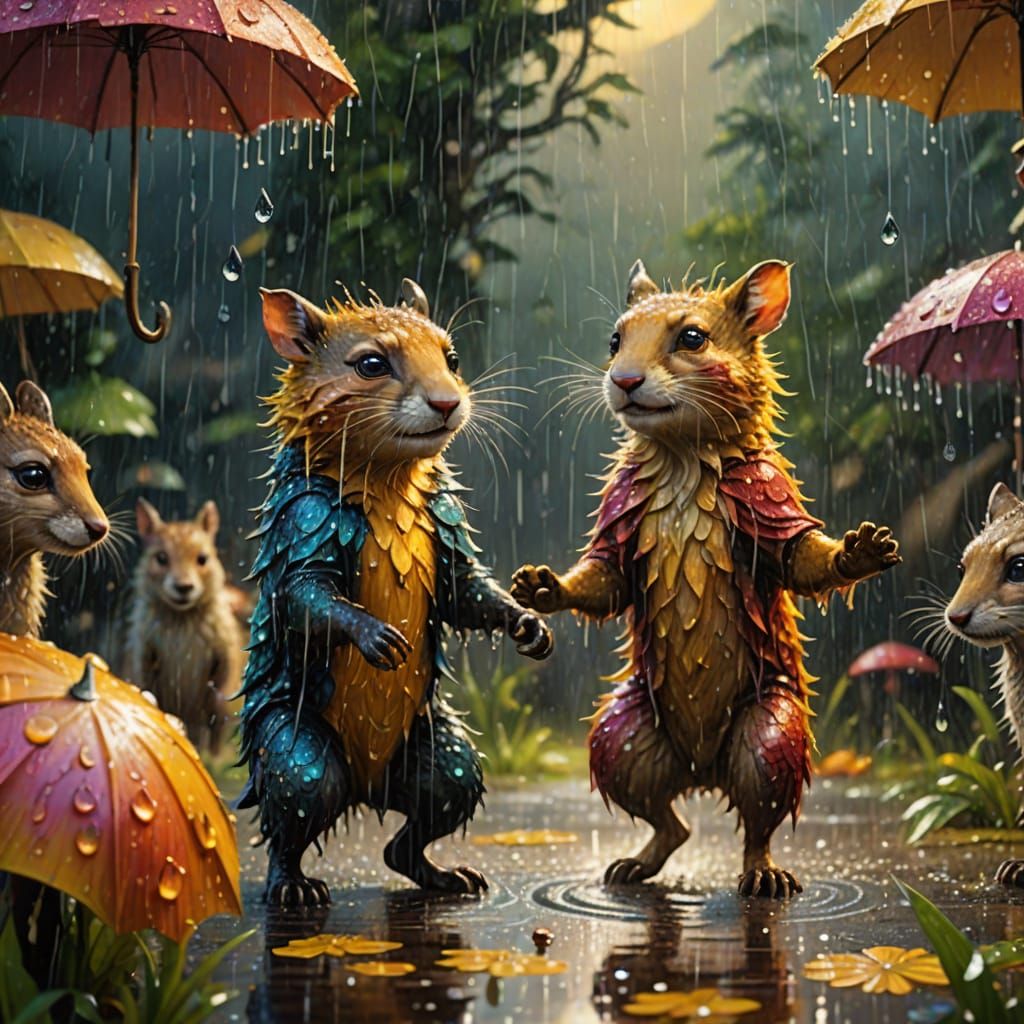 Fantastic Creatures Dancing in Summer Rain as Oil Painting
