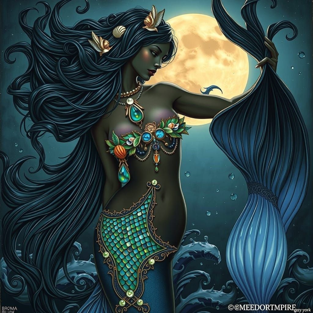 Moonlit Mermaid with Pearls and Seashells