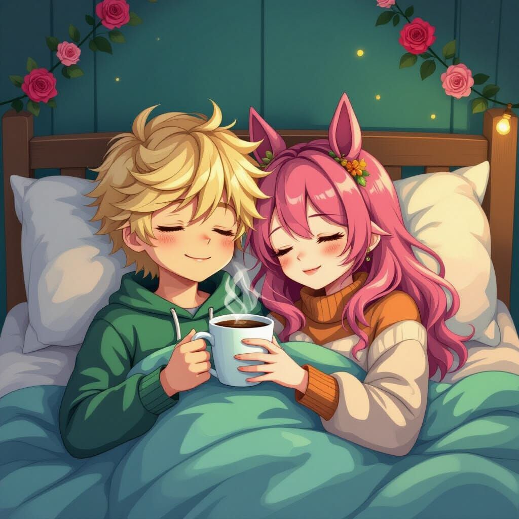 Anime Couple Cozy Night In With Coffee